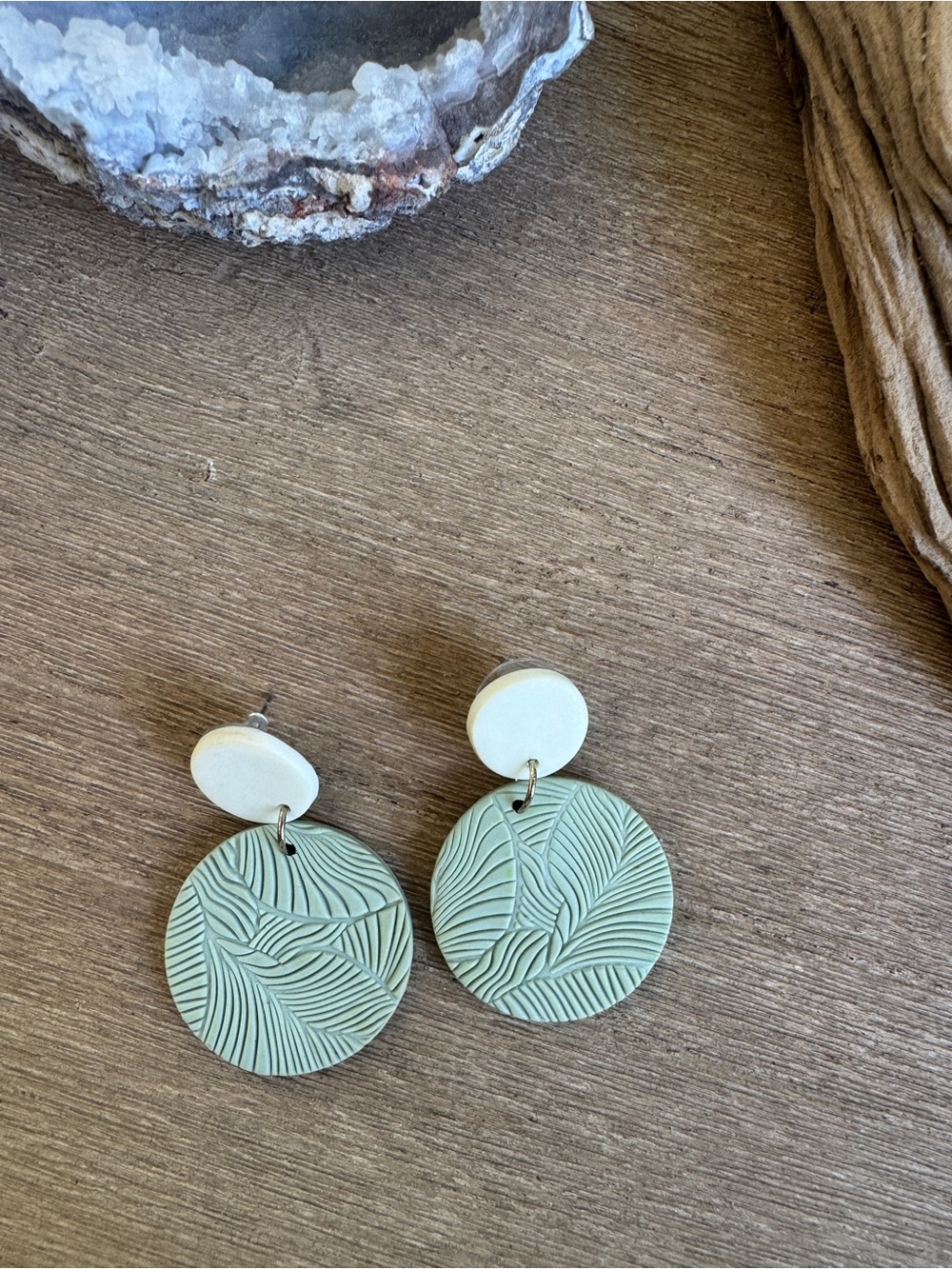 Mint Green Leaf Embossed Polymer Clay Dangle Earrings Lightweight Boho